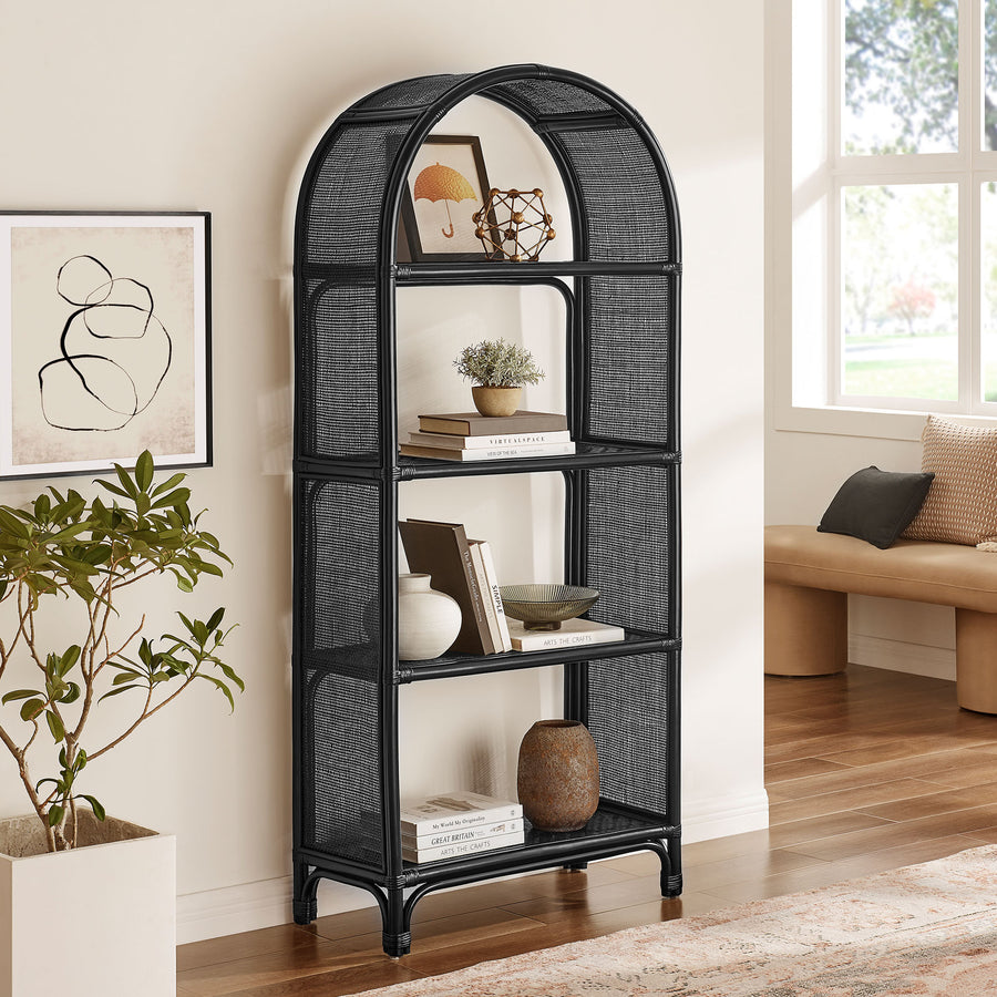 Mabli 67 Inch Tall Arched Natural Rattan Bookshelf in Black