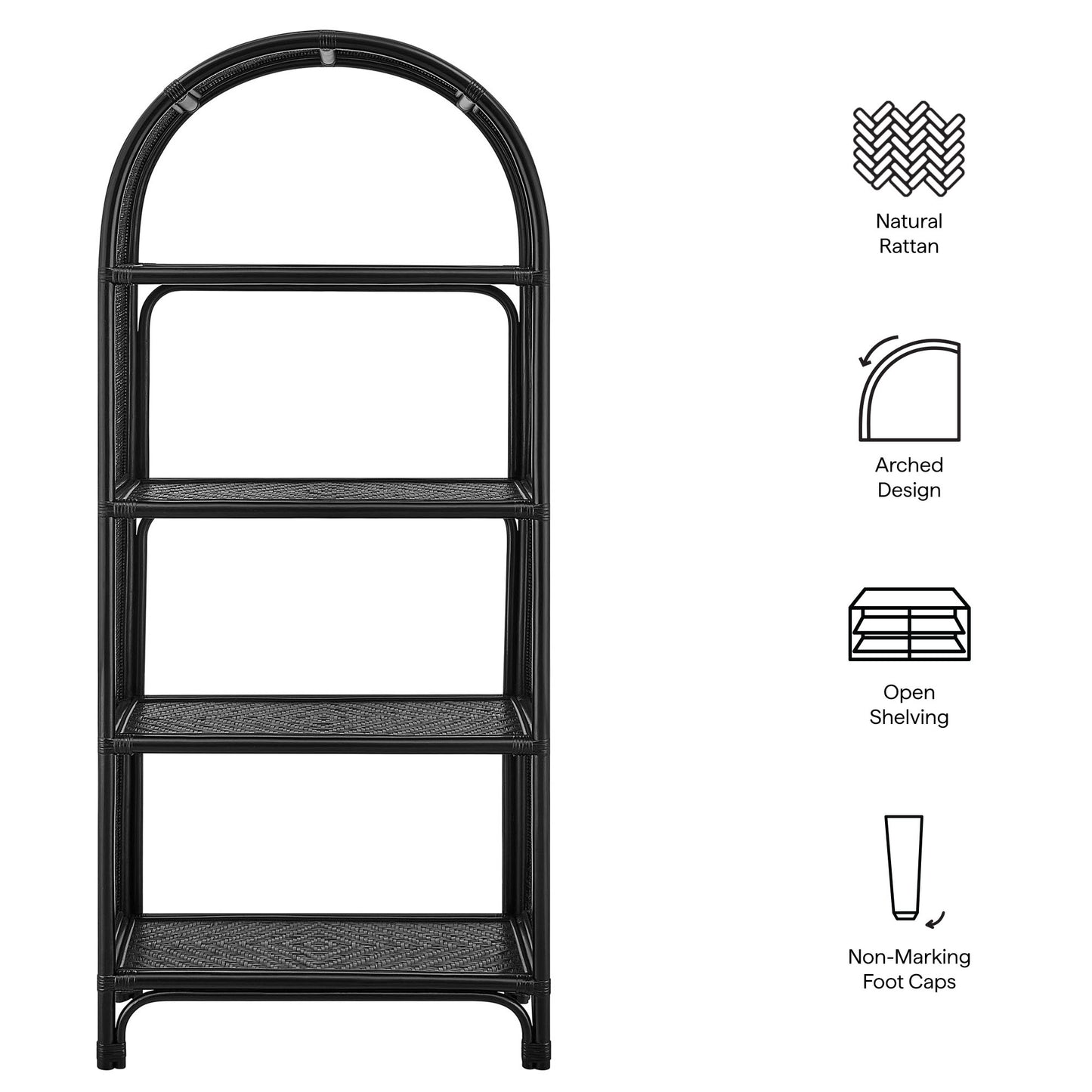 Mabli 67 Inch Tall Arched Natural Rattan Bookshelf in Black
