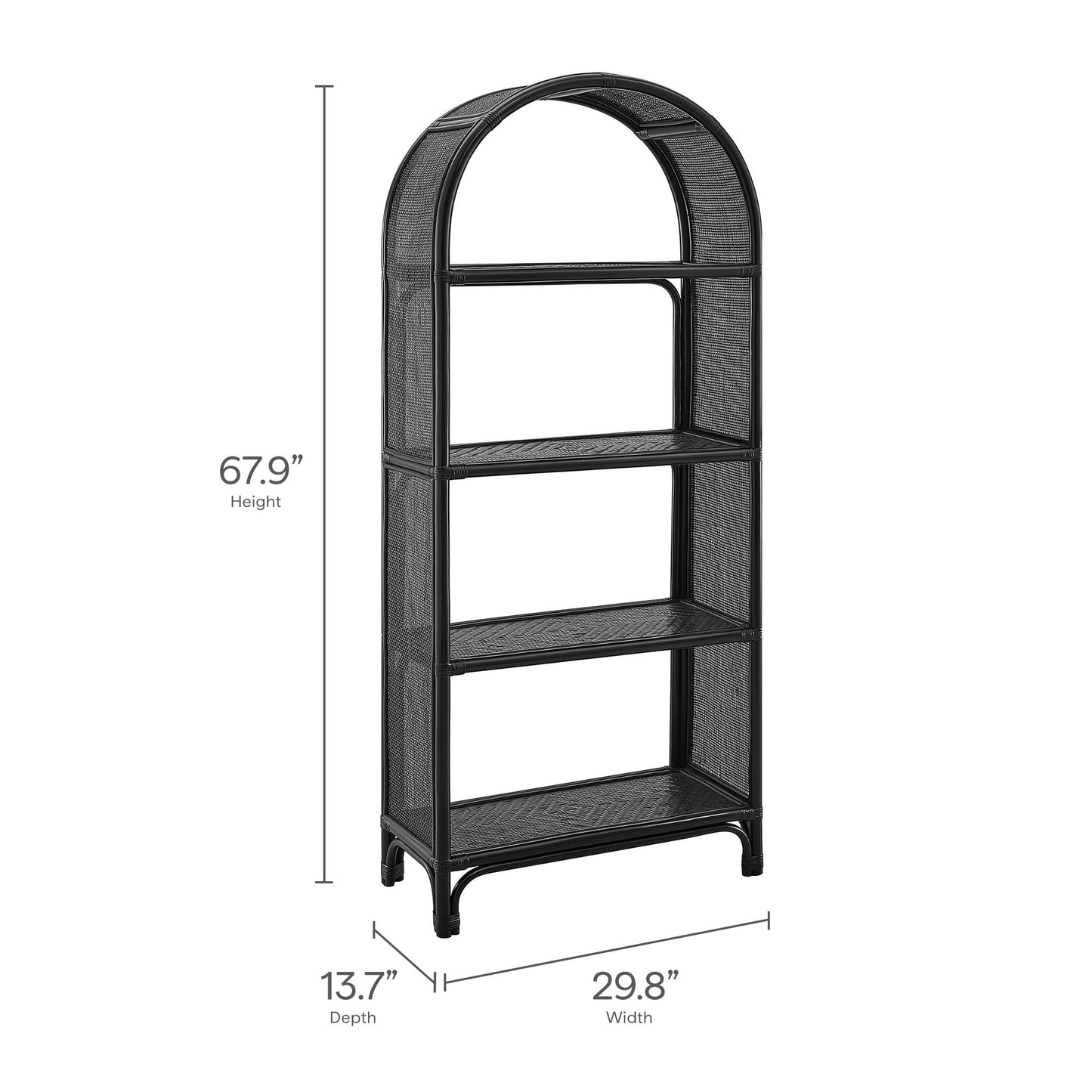 Mabli 67 Inch Tall Arched Natural Rattan Bookshelf in Black