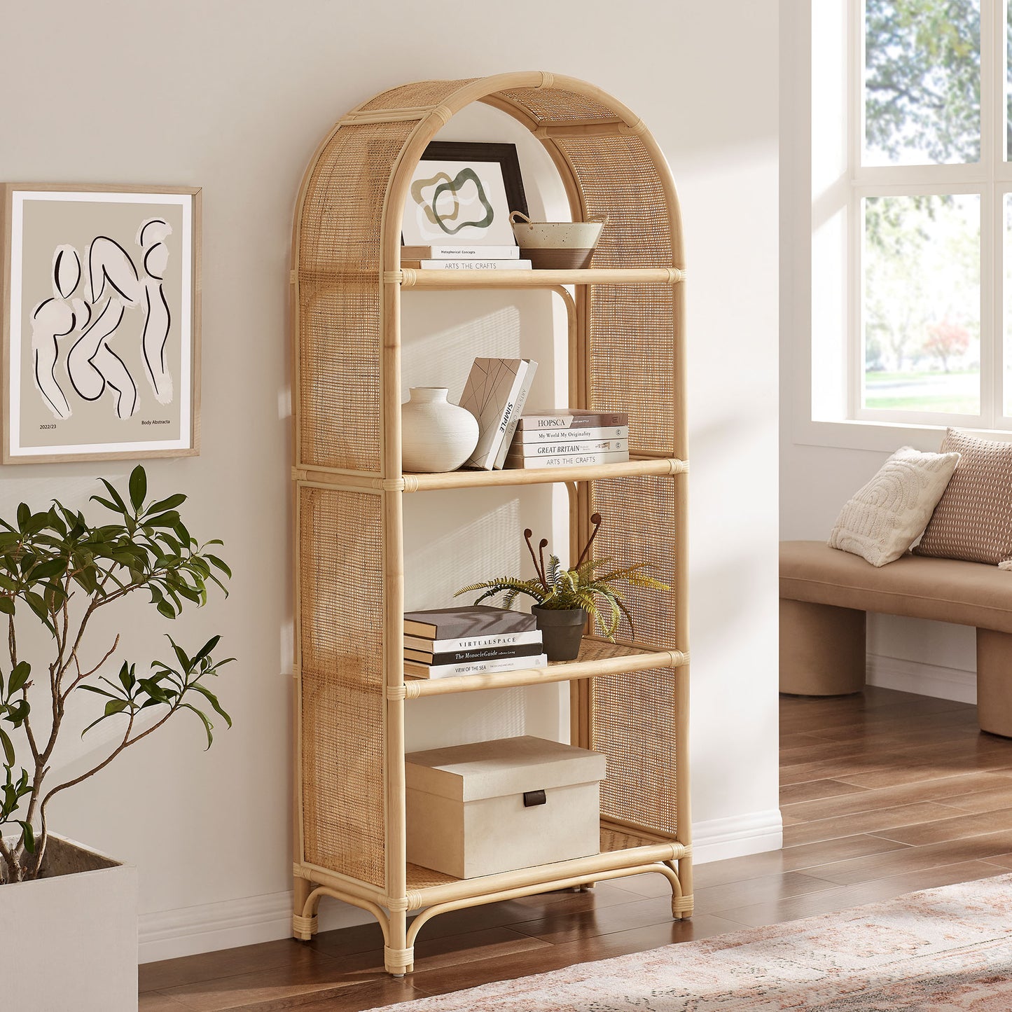 Mabli 67 Inch Tall Arched Natural Rattan Bookshelf in Natural