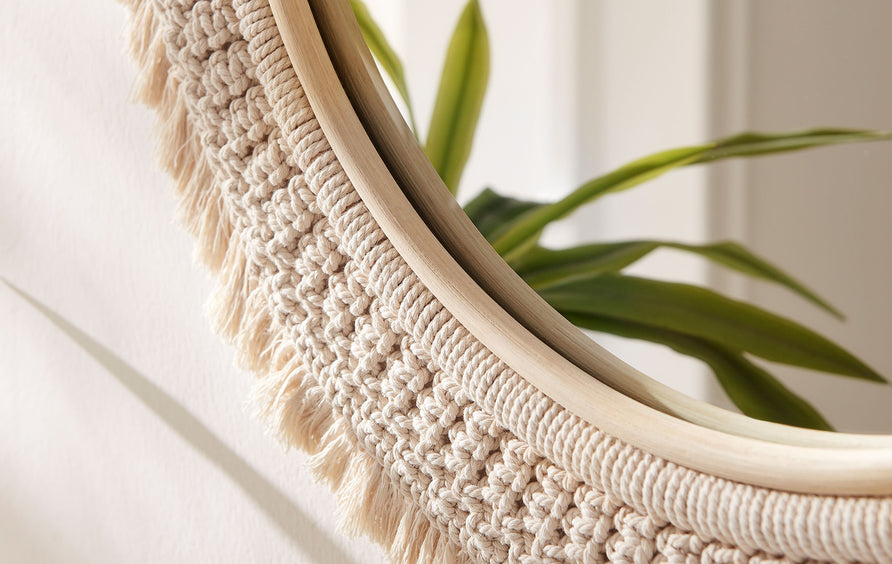 Tansy Round Rattan Macrame Wall Mirror in Natural