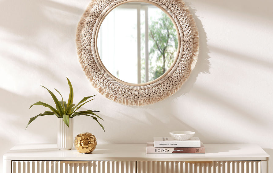 Tansy Round Rattan Macrame Wall Mirror in Natural