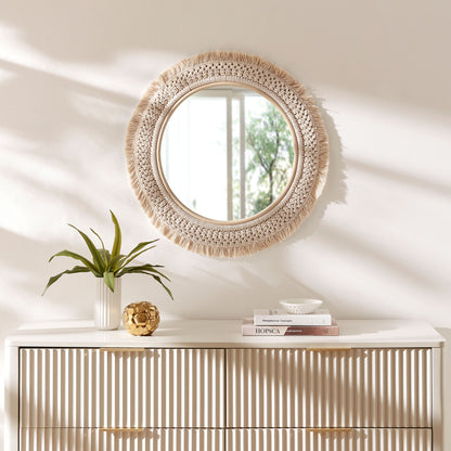 Jade Round Rattan Macrame Wall Mirror by Furniture for America