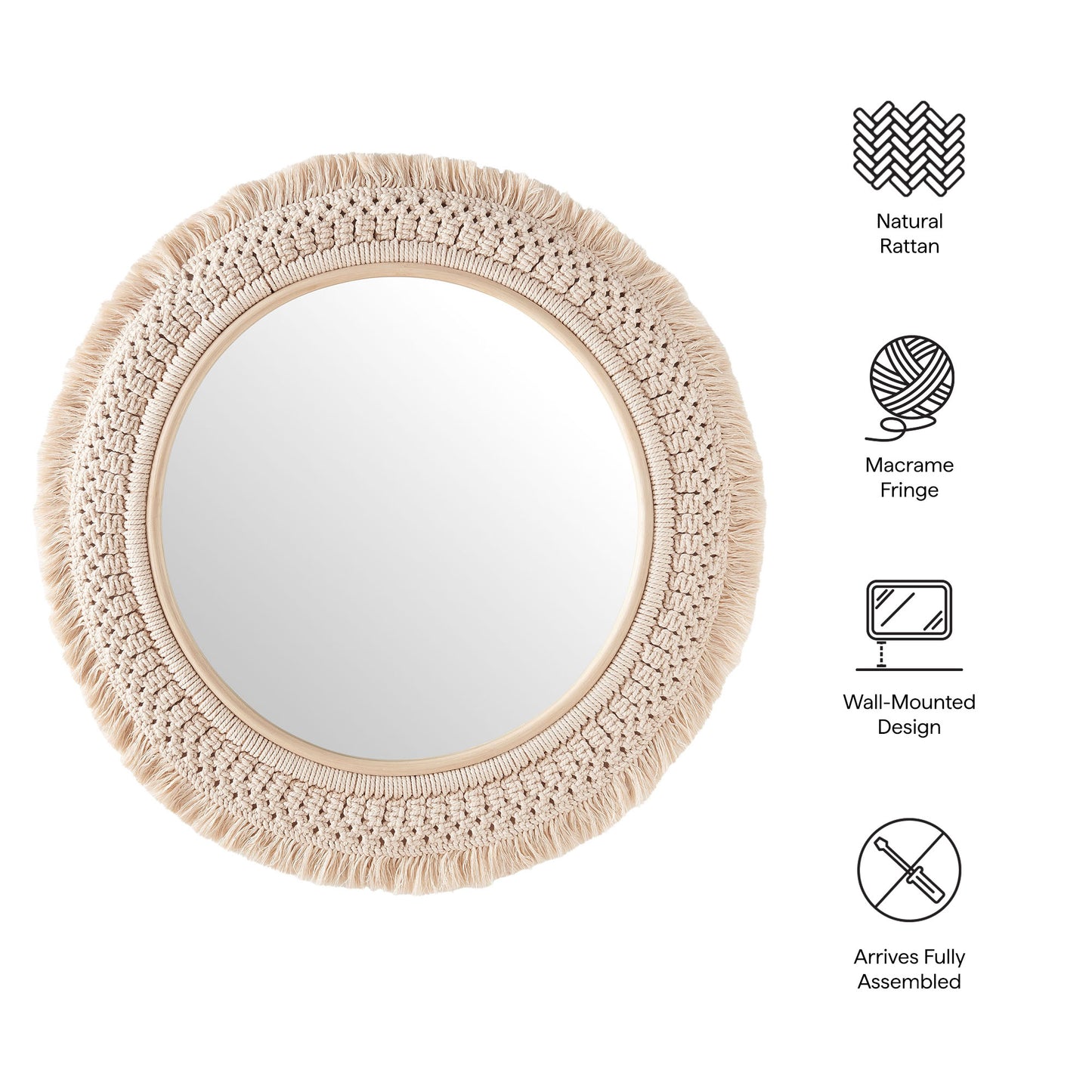 Jade Round Rattan Macrame Wall Mirror by Furniture for America