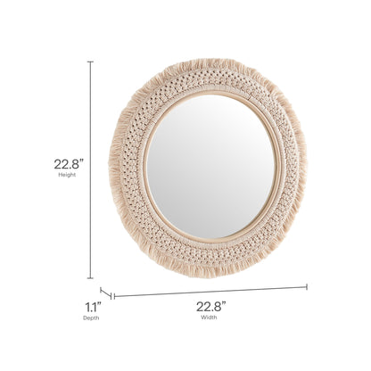 Jade Round Rattan Macrame Wall Mirror by Furniture for America