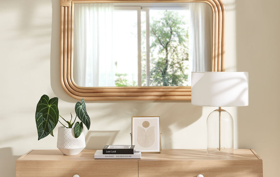 Ezra Curved Rectangle Rattan Wall Mirror in Natural
