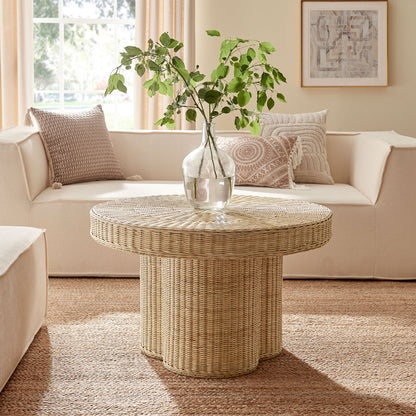 Ainsley 32 Inch Round Natural Rattan Coffee Table by Furniture for America