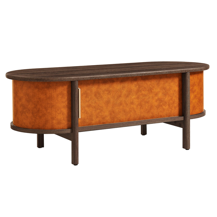Verdant Curved Vegan Leather Oval Coffee Table in Walnut Tan