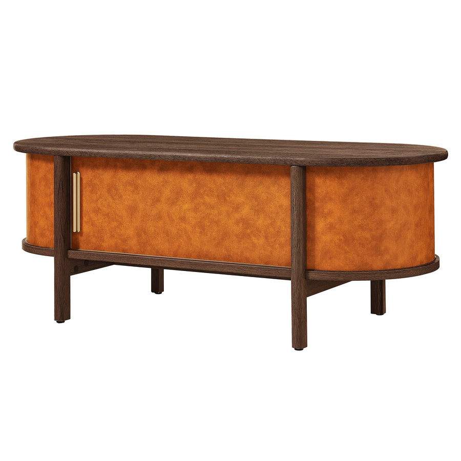 Verdant Curved Vegan Leather Oval Coffee Table in Walnut Tan