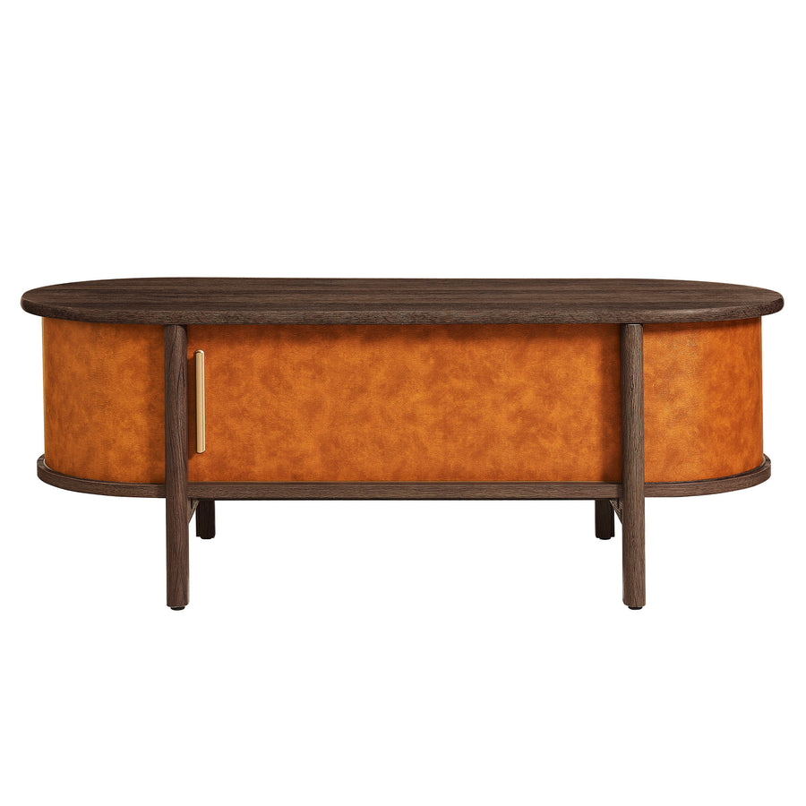 Verdant Curved Vegan Leather Oval Coffee Table in Walnut Tan