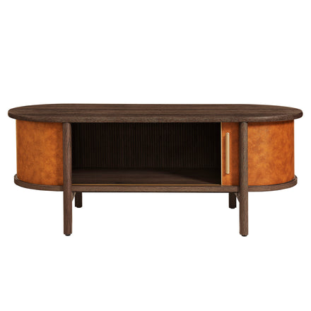 Coralie Curved Vegan Leather Oval Coffee Table in Walnut Tan