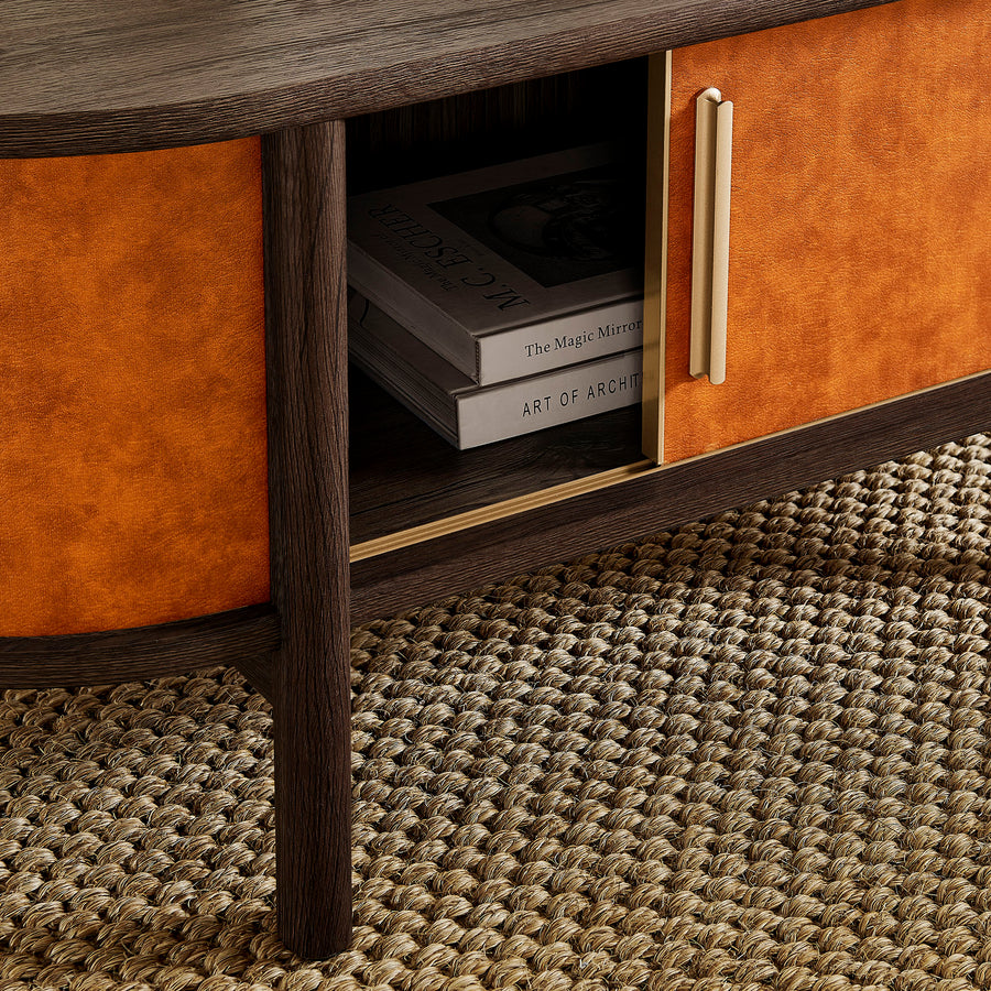 Verdant Curved Vegan Leather Oval Coffee Table in Walnut Tan