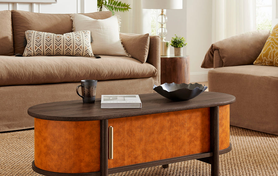 Verdant Curved Vegan Leather Oval Coffee Table in Walnut Tan
