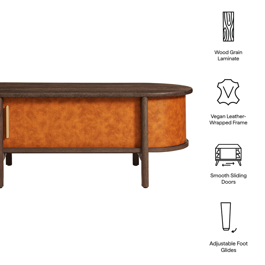 Verdant Curved Vegan Leather Oval Coffee Table in Walnut Tan