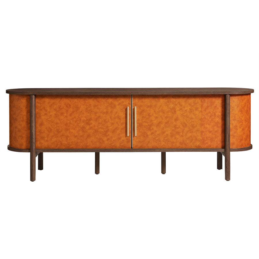 Verdant Curved 71" Vegan Leather Oval TV Stand in Walnut Tan