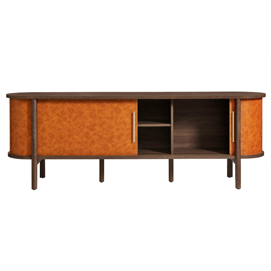 Verdant Curved 71" Vegan Leather Oval TV Stand in Walnut Tan