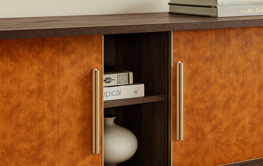 Verdant Curved 71" Vegan Leather Oval TV Stand in Walnut Tan