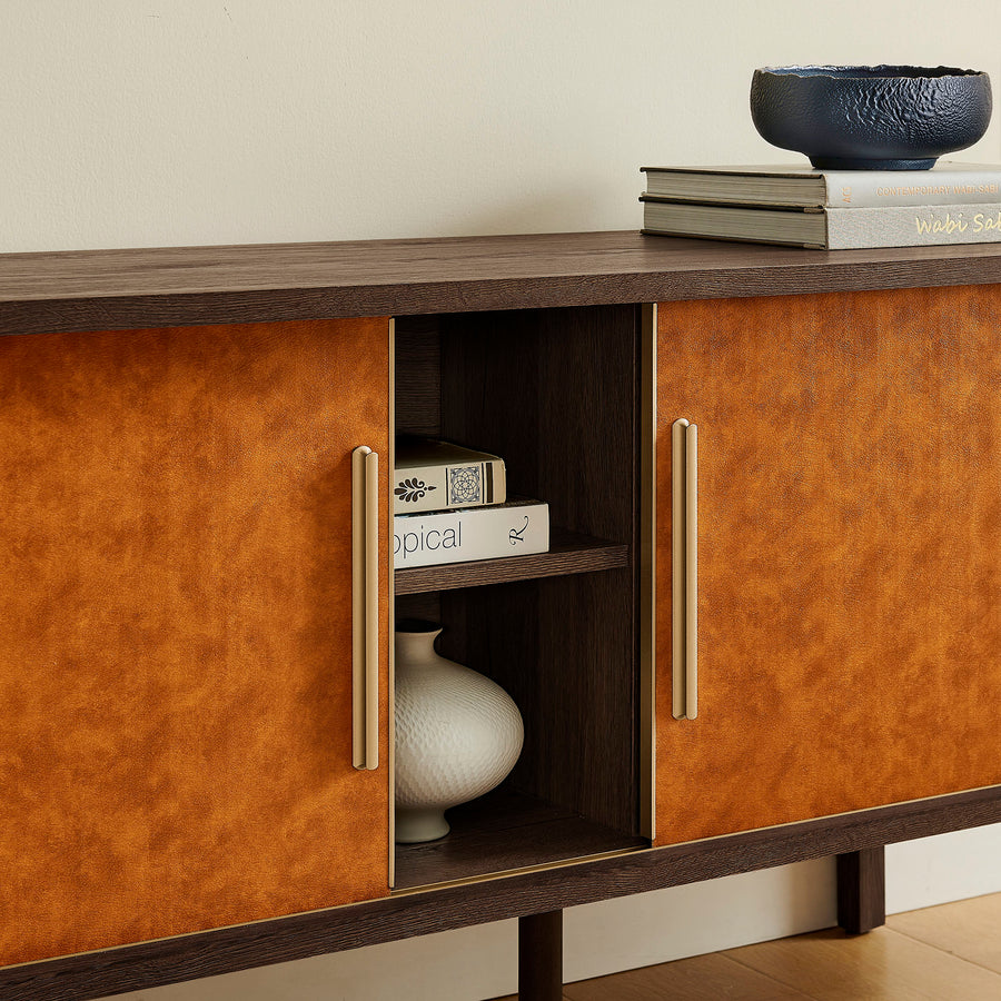 Verdant Curved 71" Vegan Leather Oval TV Stand in Walnut Tan