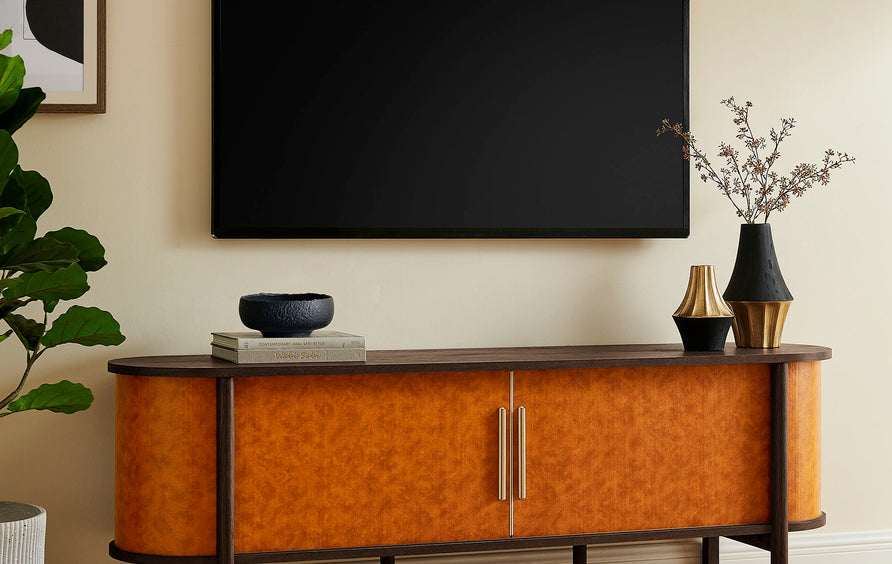 Verdant Curved 71" Vegan Leather Oval TV Stand in Walnut Tan