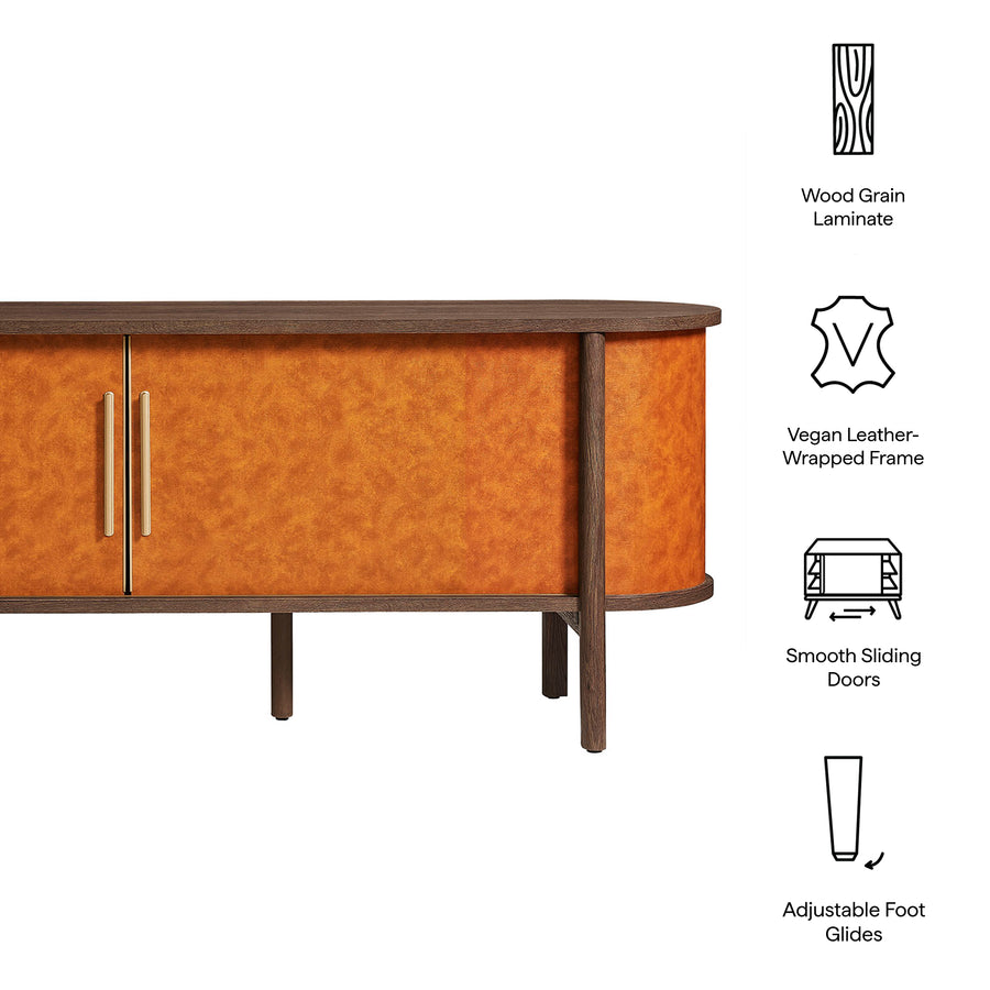 Verdant Curved 71" Vegan Leather Oval TV Stand in Walnut Tan