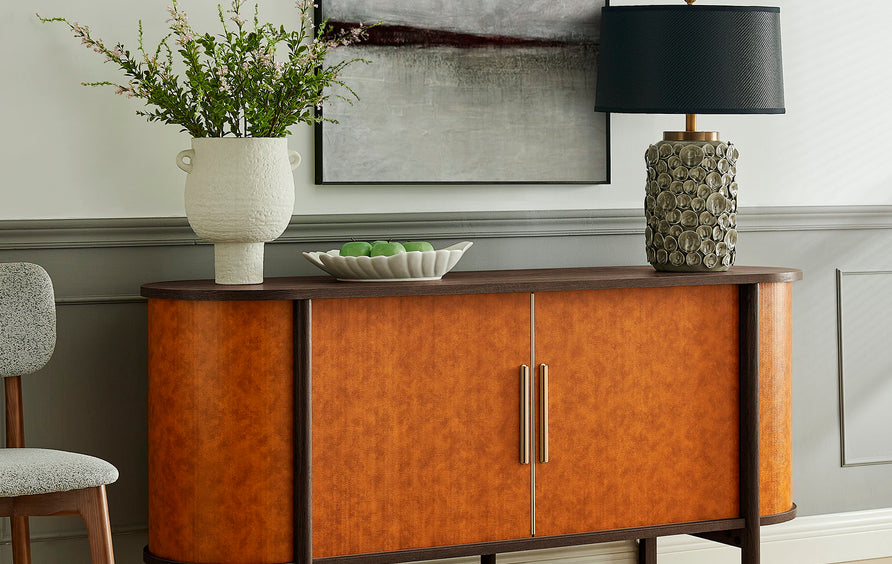 Verdant Curved Vegan Leather Oval Sideboard in Walnut Tan