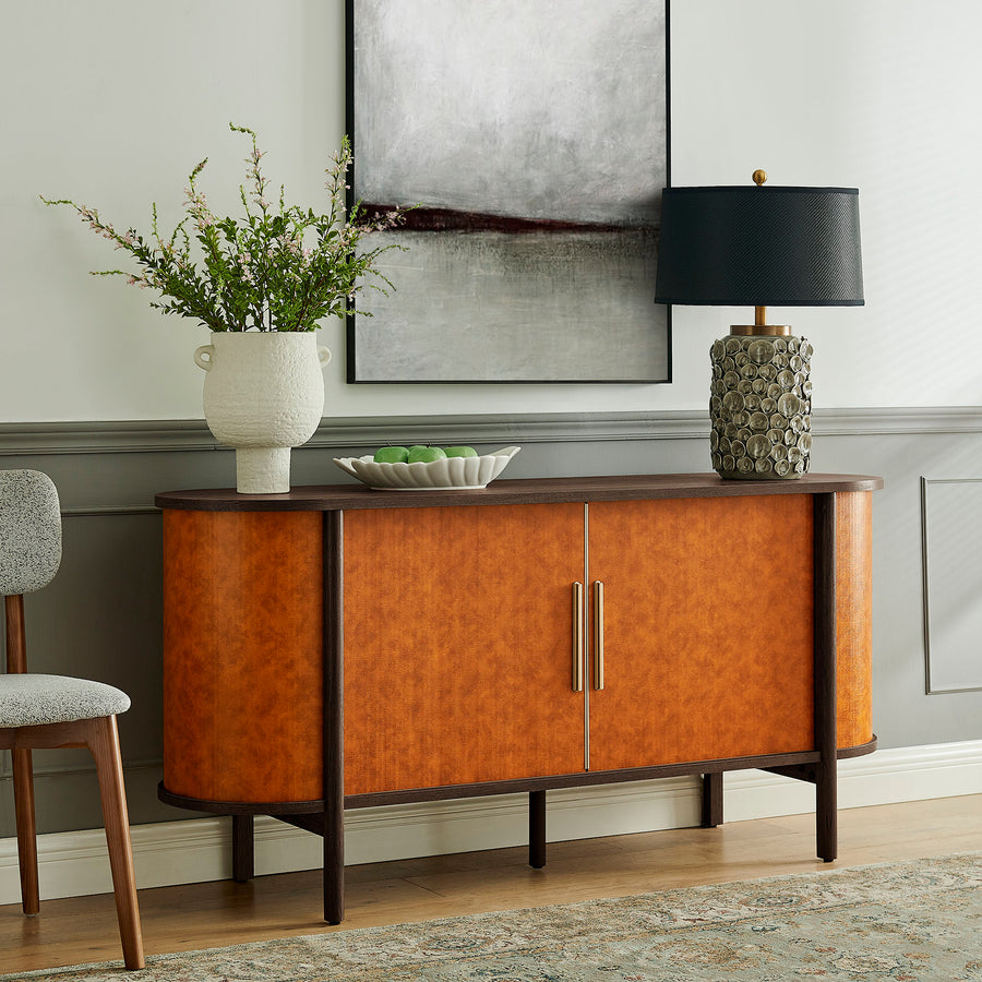 Verdant Curved Vegan Leather Oval Sideboard in Walnut Tan
