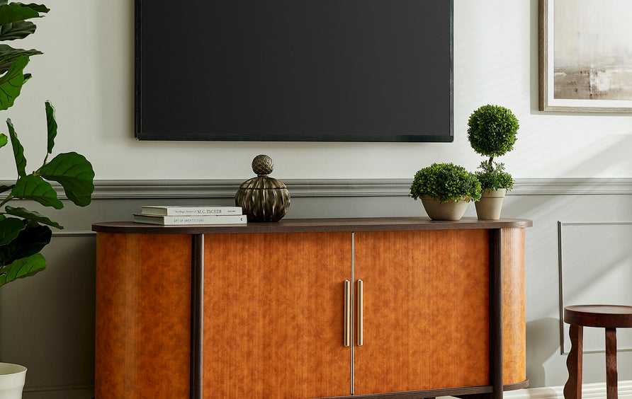 Verdant Curved Vegan Leather Oval Sideboard in Walnut Tan