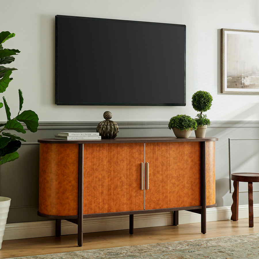 Verdant Curved Vegan Leather Oval Sideboard in Walnut Tan