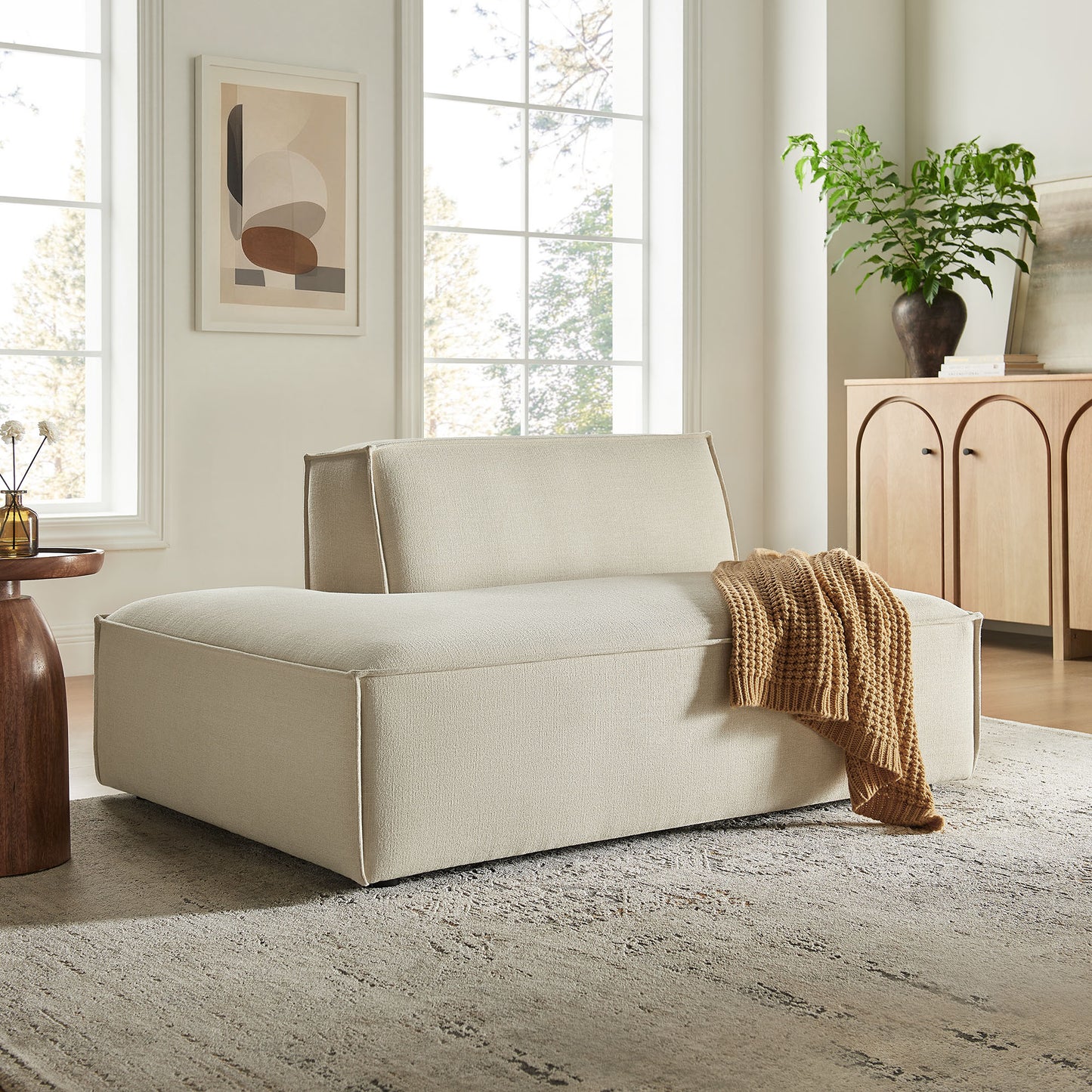 Atlas Performance Fabric Upholstered Left-Facing Armless Modular Chaise in Ecru