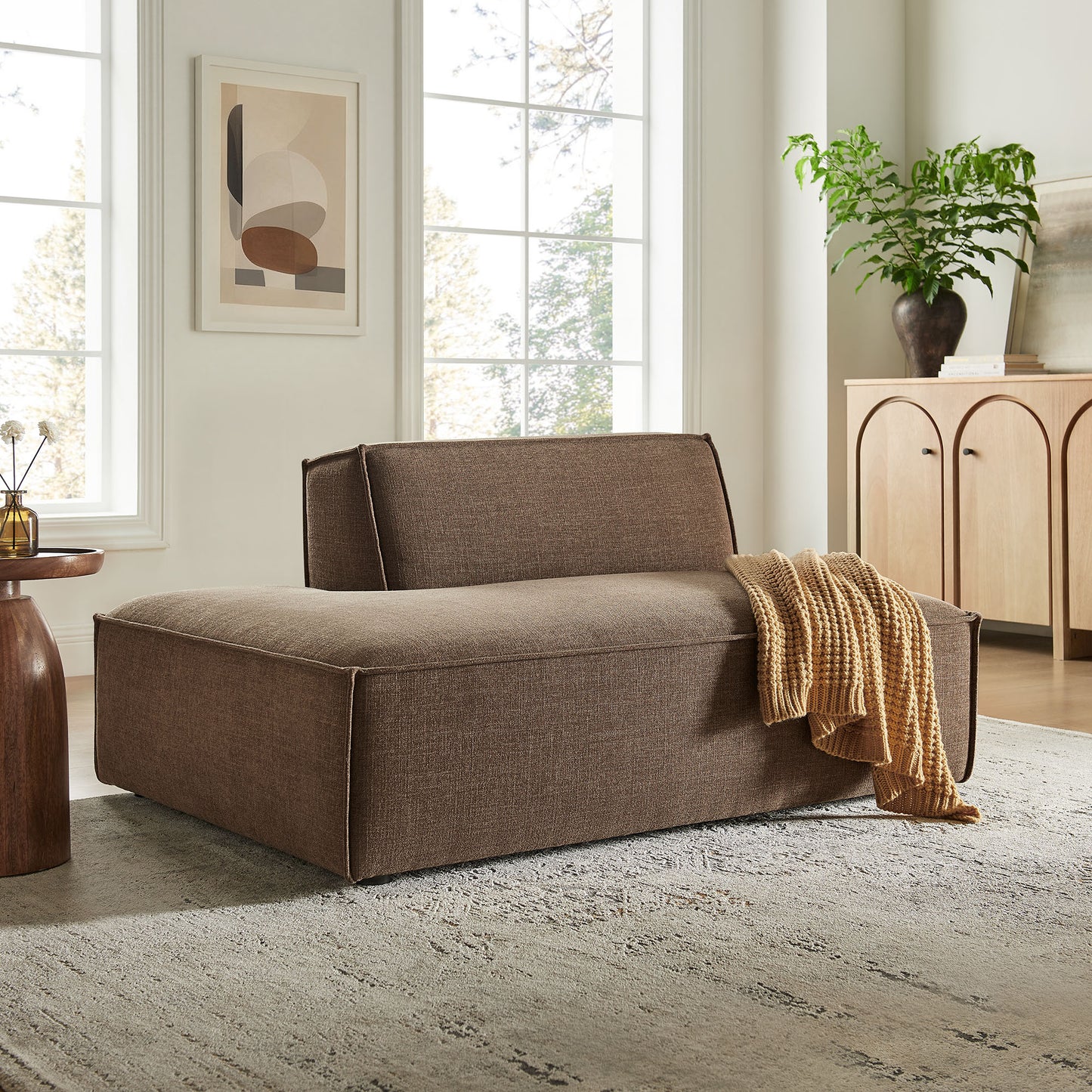 Atlas Performance Fabric Upholstered Left-Facing Armless Modular Chaise in Mocha