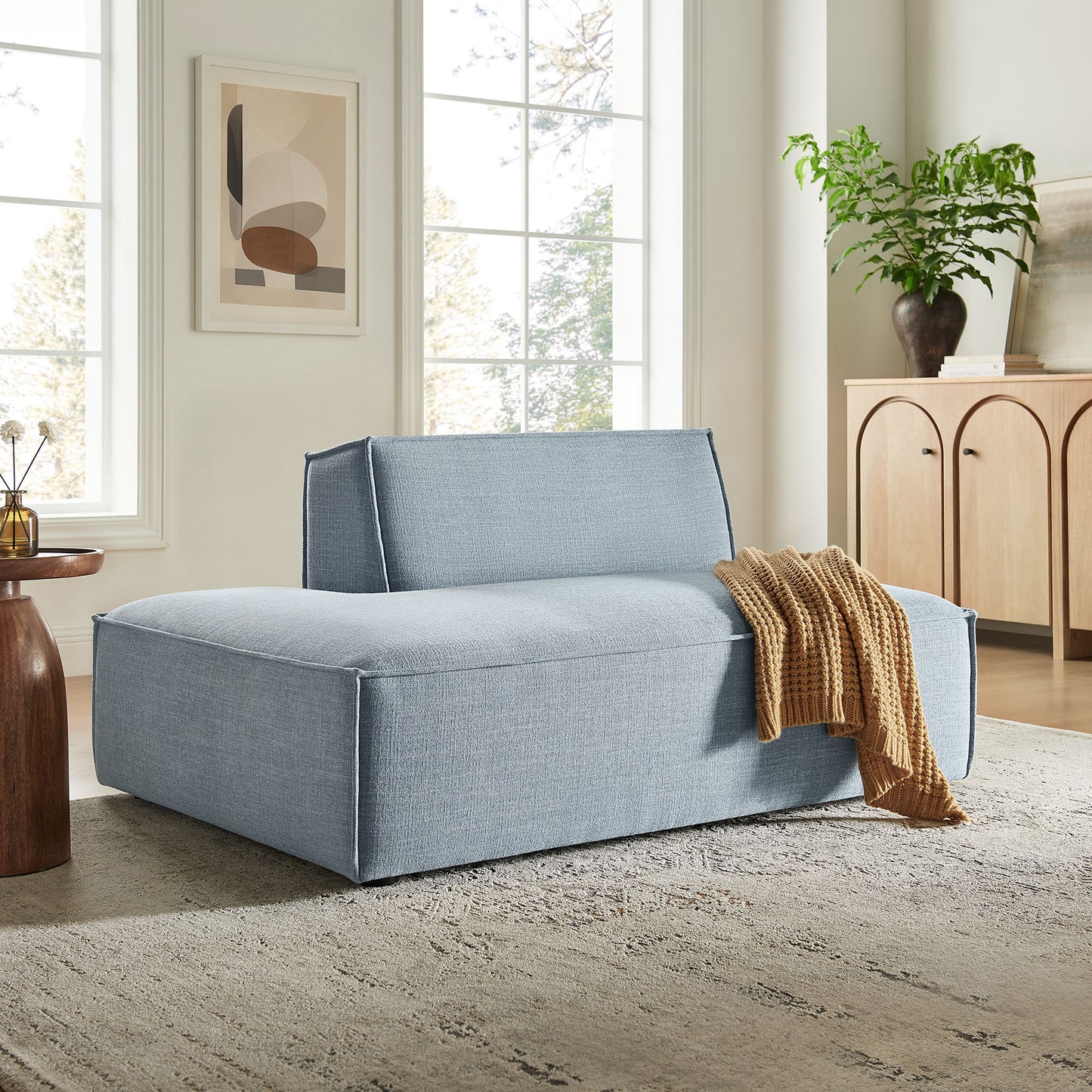 Atlas Performance Fabric Upholstered Left-Facing Armless Modular Chaise in Sky