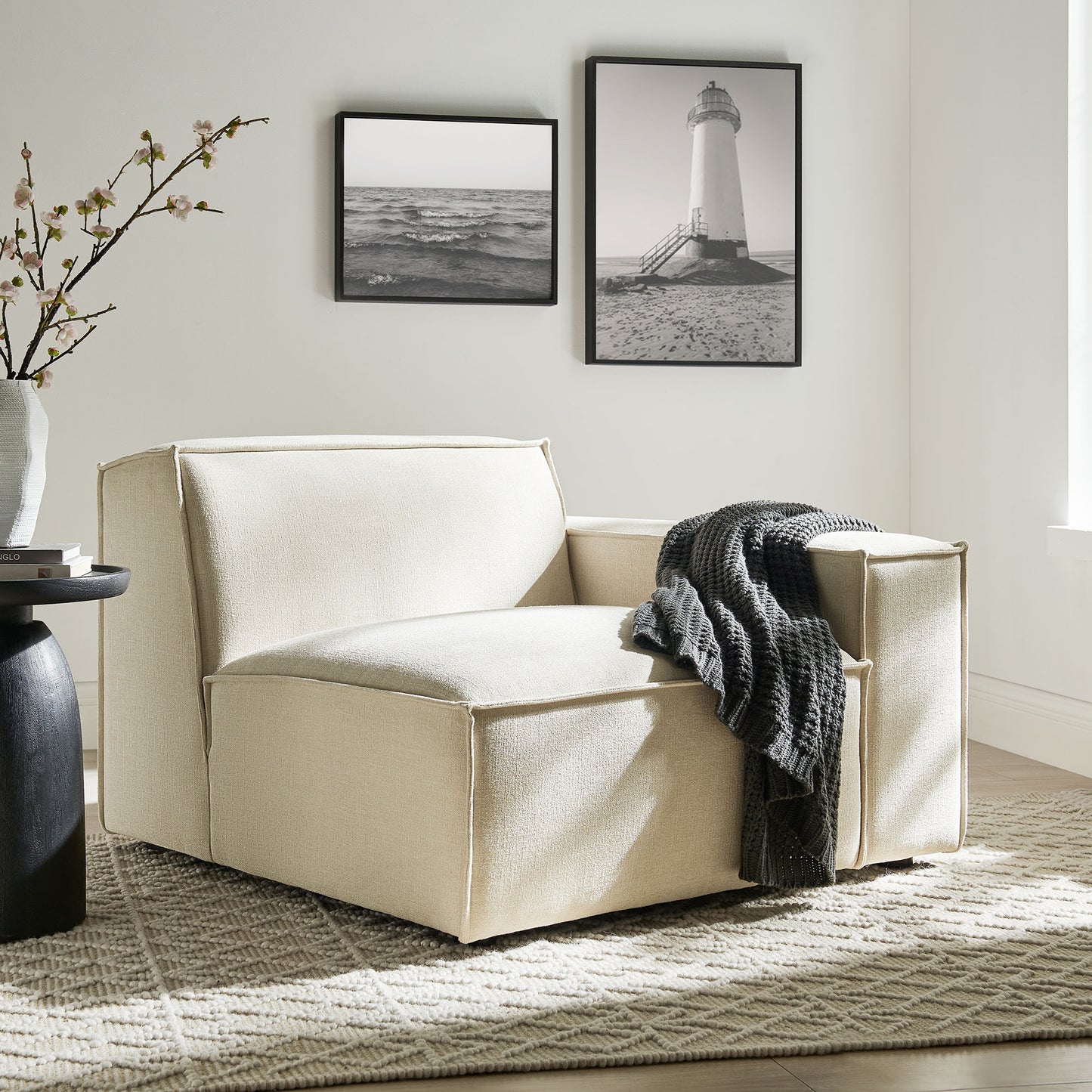 Atlas Performance Fabric Upholstered Right-Facing Modular Lounge Chair in Ecru
