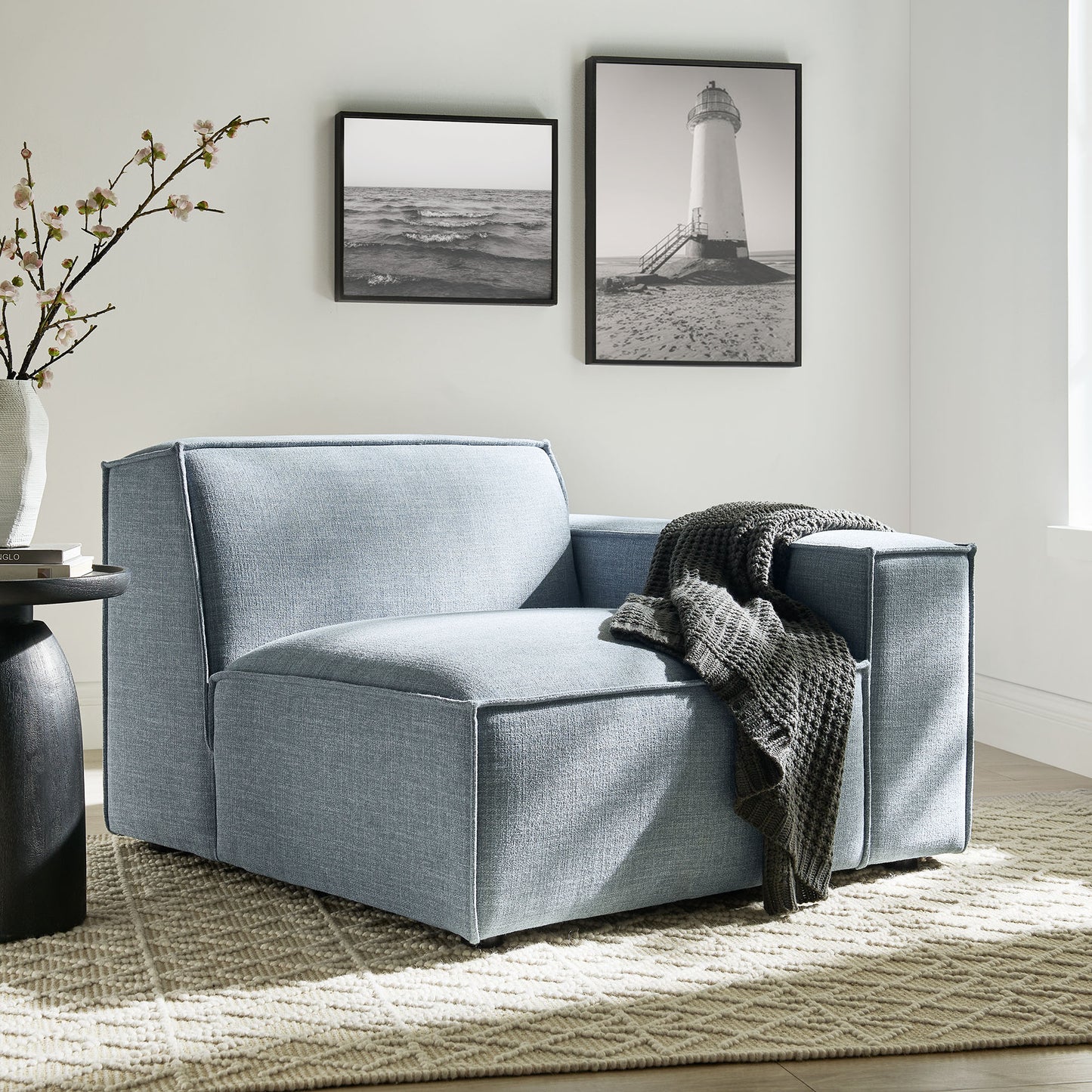 Atlas Performance Fabric Upholstered Right-Facing Modular Lounge Chair in Sky