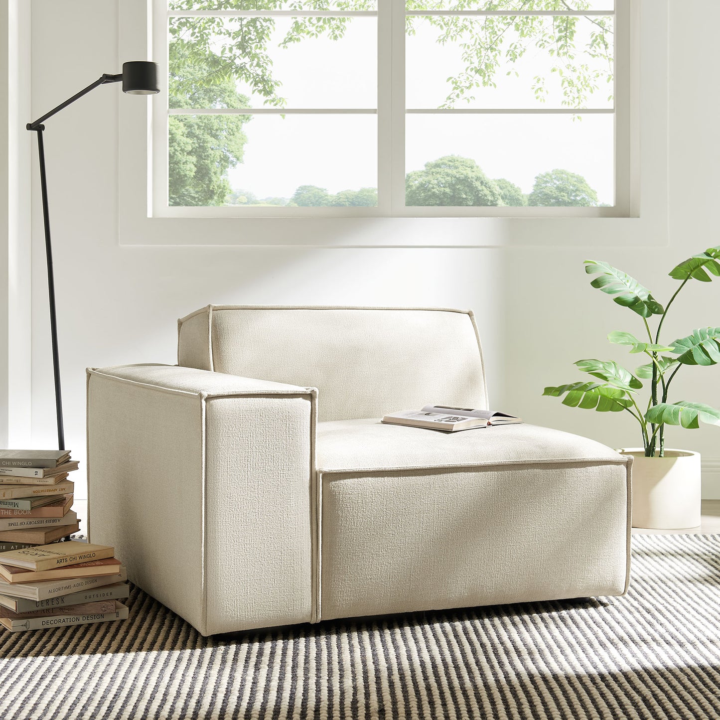 Atlas Performance Fabric Upholstered Left-Facing Modular Lounge Chair in Ecru