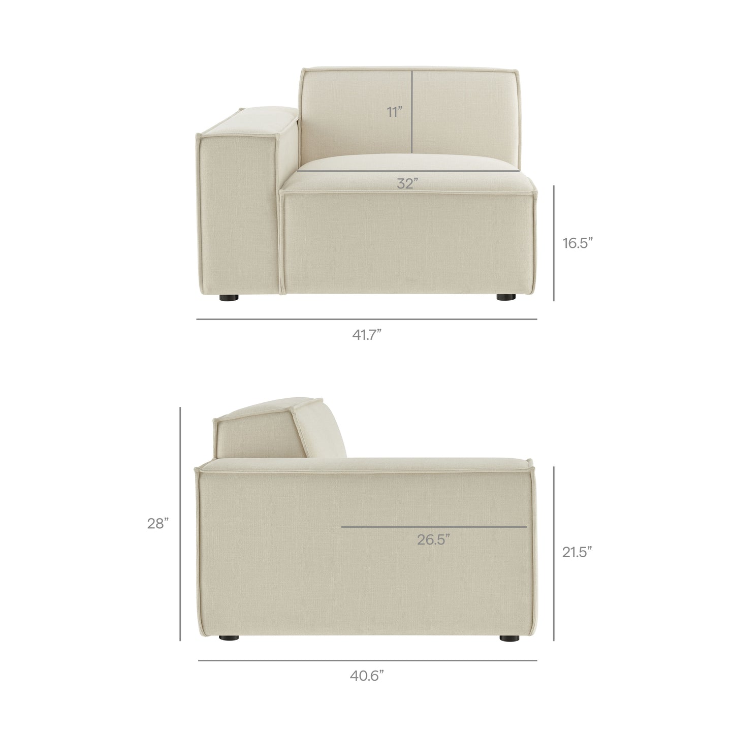 Atlas Performance Fabric Upholstered Left-Facing Modular Lounge Chair in Ecru