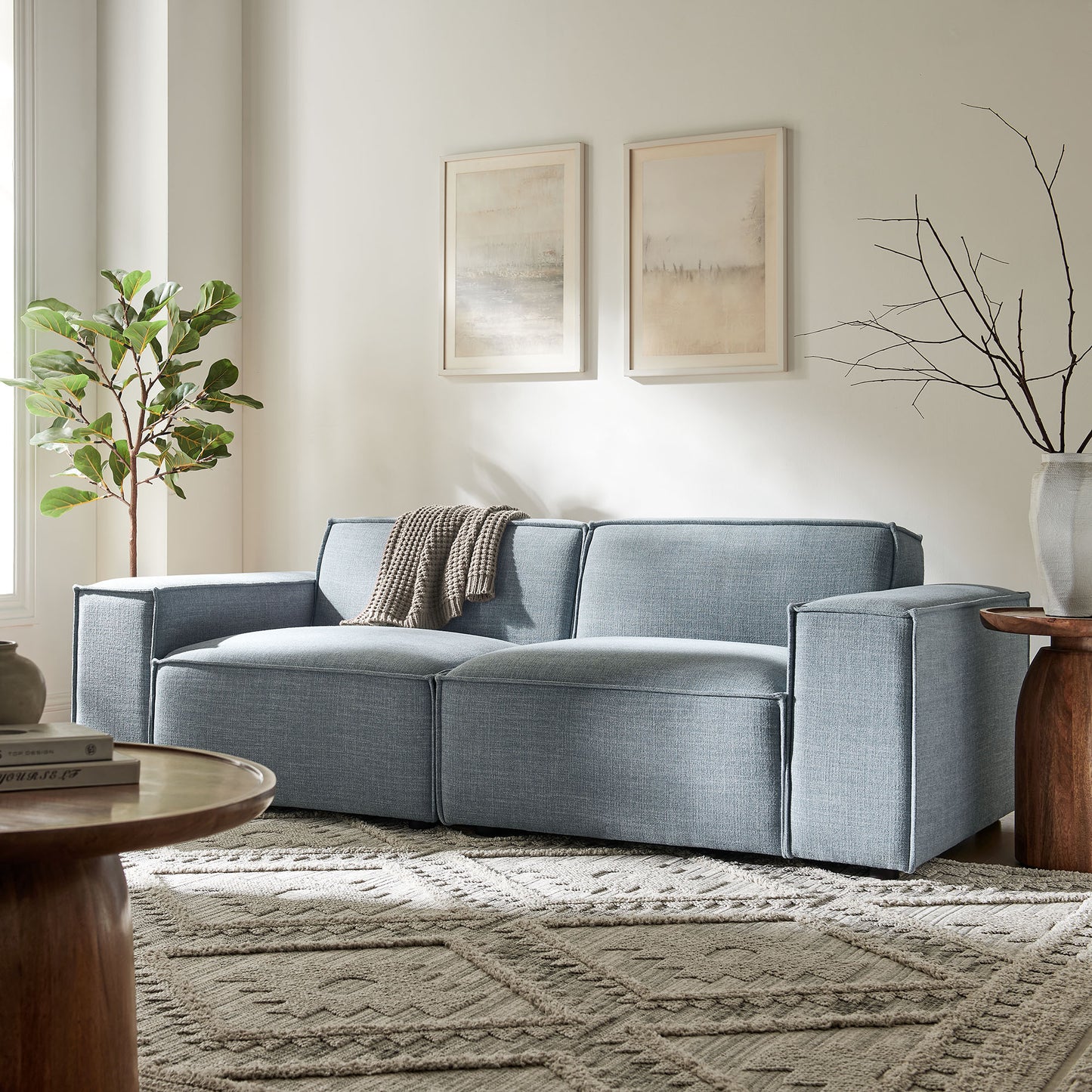 Atlas 2-Piece Performance Fabric Upholstered Modular Loveseat in Sky Blue