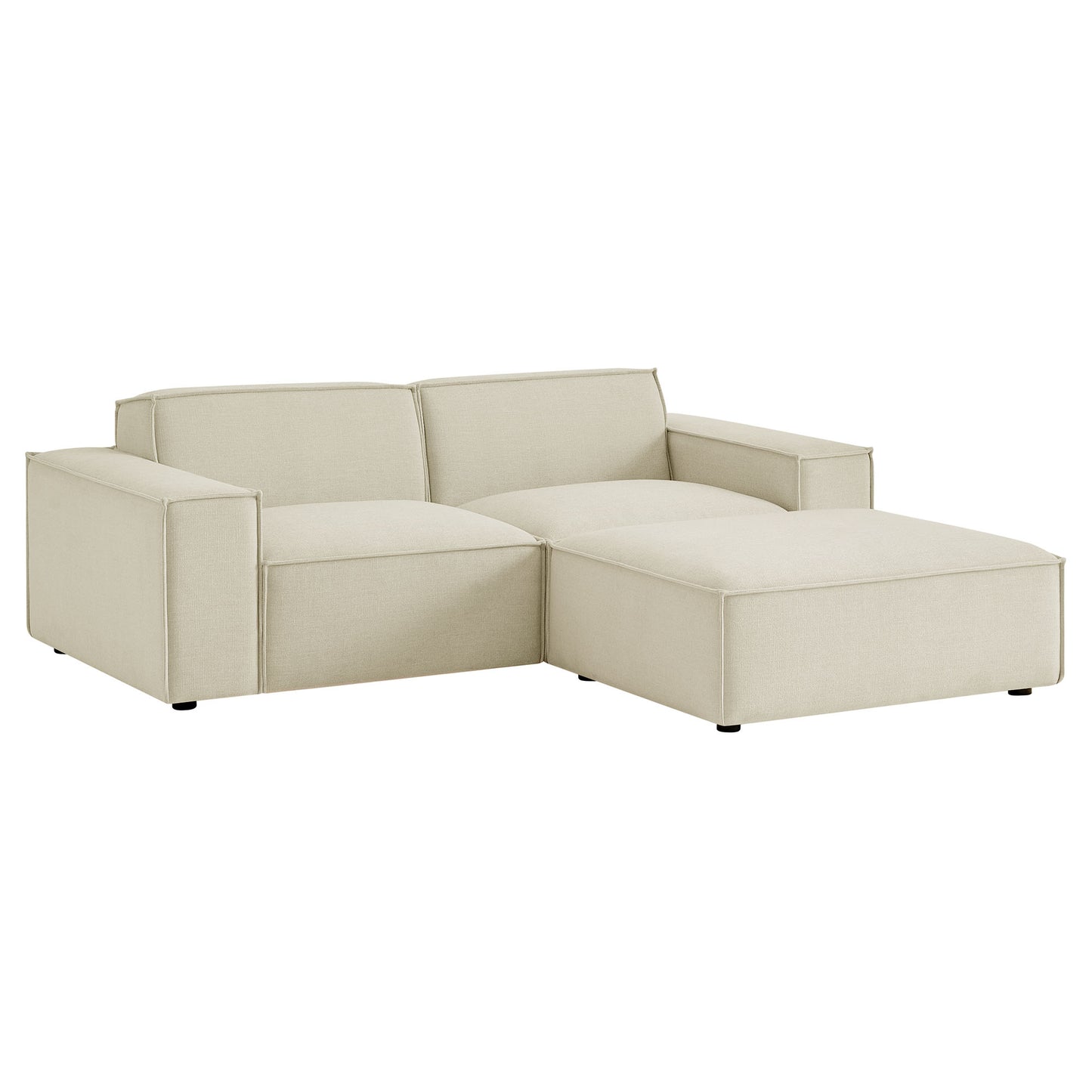 Atlas 3-Piece Performance Fabric Upholstered Modular Loveseat with Ottoman in Ecru