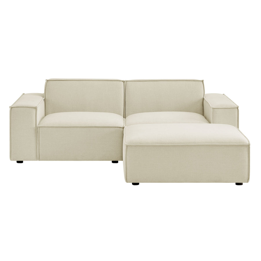 Atlas 3-Piece Performance Fabric Upholstered Modular Loveseat with Ottoman in Ecru