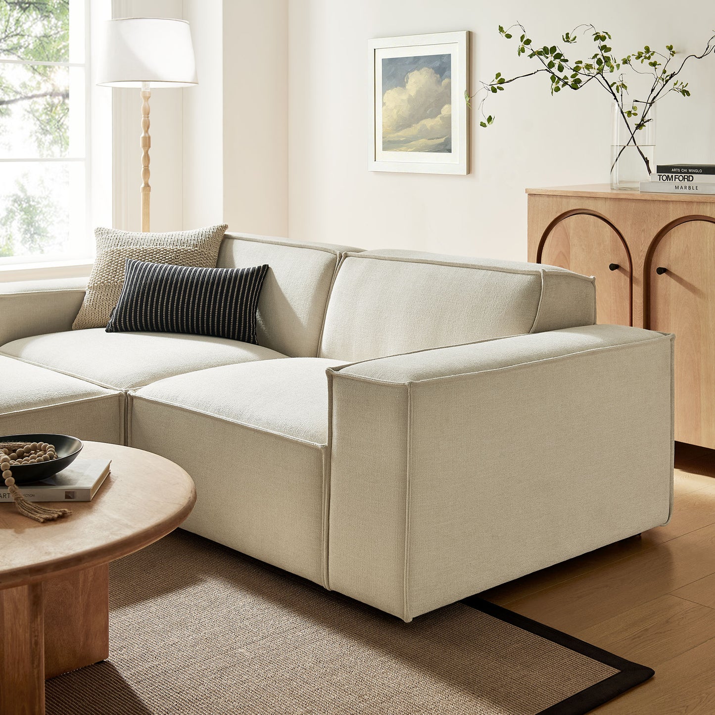 Atlas 3-Piece Performance Fabric Upholstered Modular Loveseat with Ottoman in Ecru