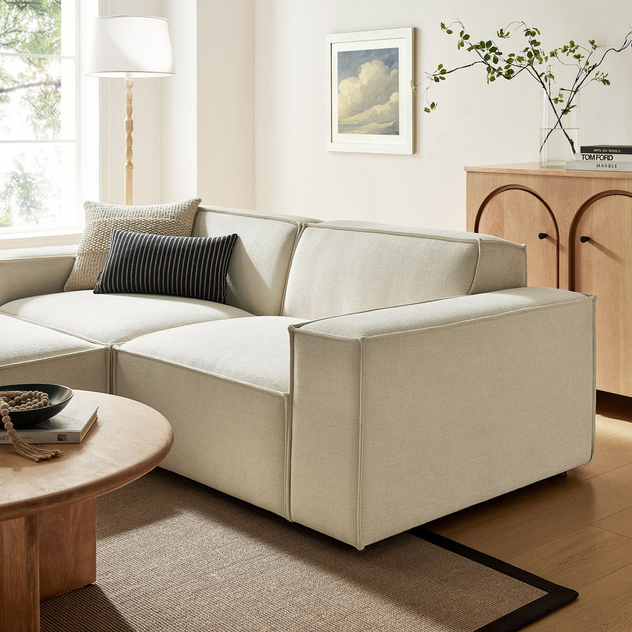 Atlas 3-Piece Performance Fabric Upholstered Modular Loveseat with Ottoman in Ecru