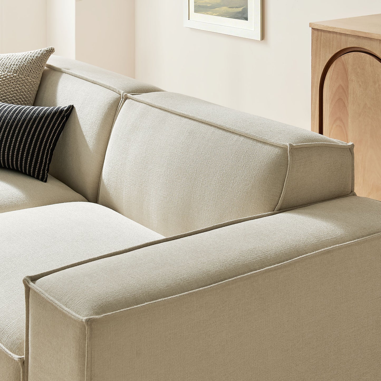 Atlas 3-Piece Performance Fabric Upholstered Modular Loveseat with Ottoman in Ecru