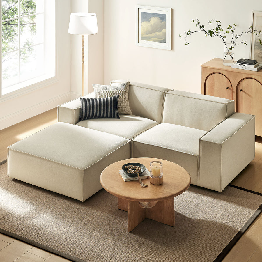Atlas 3-Piece Performance Fabric Upholstered Modular Loveseat with Ottoman in Ecru