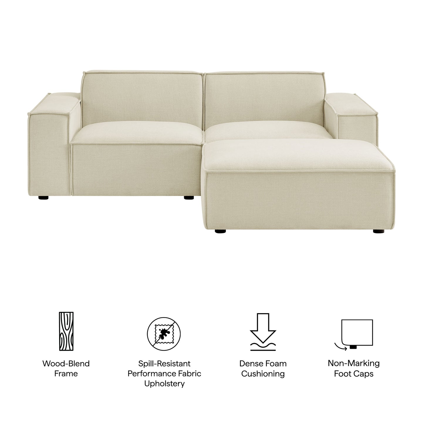 Atlas 3-Piece Performance Fabric Upholstered Modular Loveseat with Ottoman in Ecru