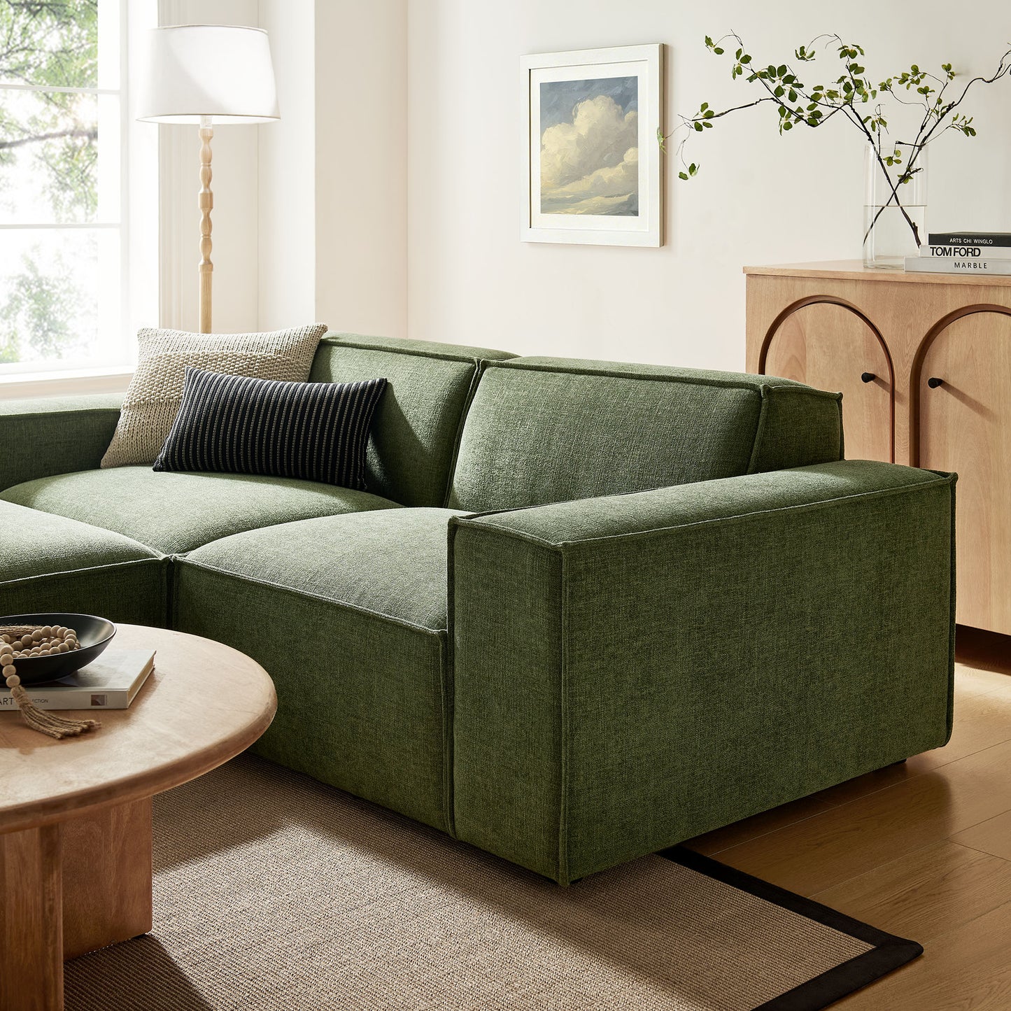 Atlas 3-Piece Performance Fabric Upholstered Modular Loveseat with Ottoman in Foliage