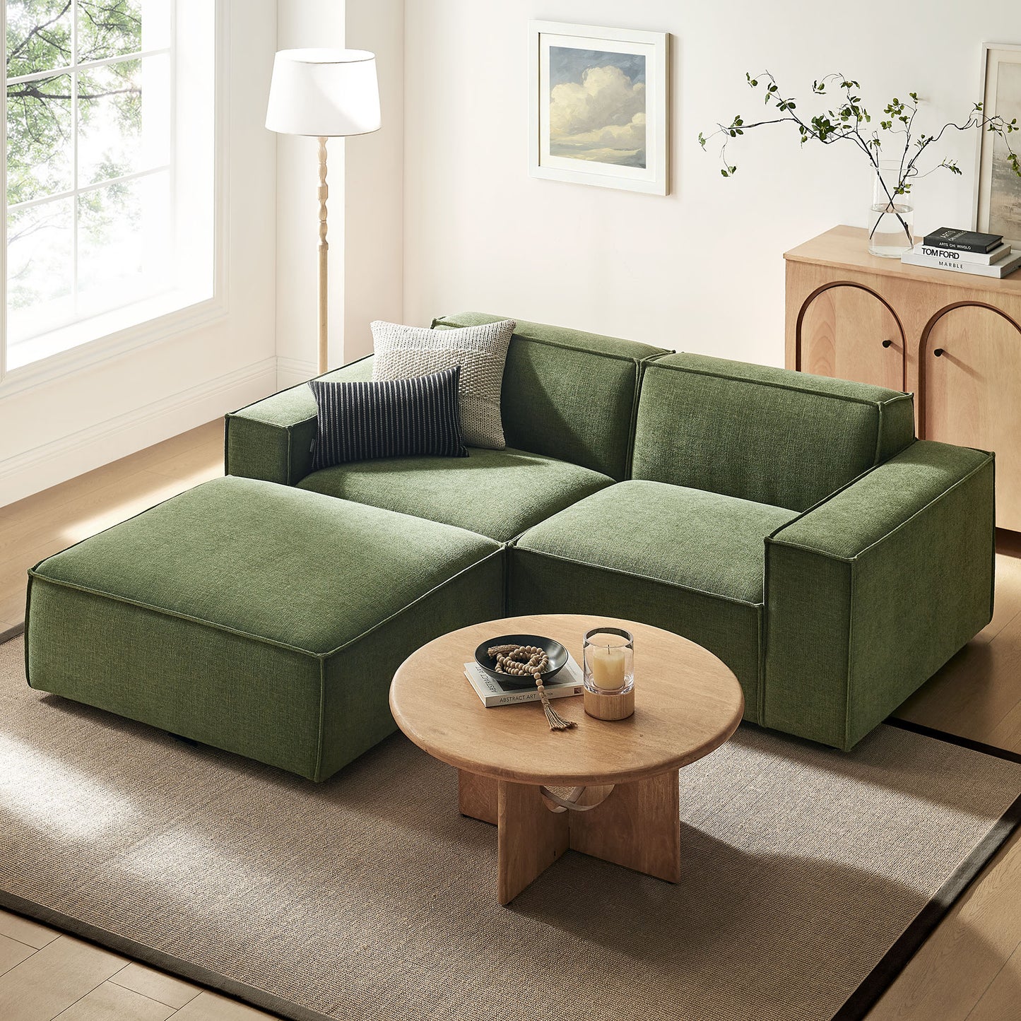 Atlas 3-Piece Performance Fabric Upholstered Modular Loveseat with Ottoman in Foliage
