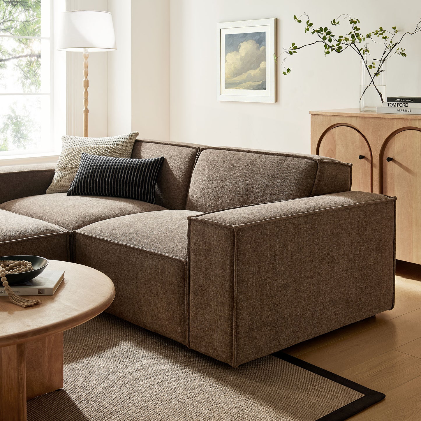 Atlas 3-Piece Performance Fabric Upholstered Modular Loveseat with Ottoman in Mocha