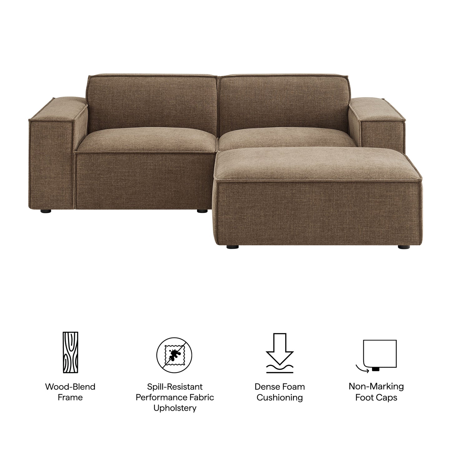 Atlas 3-Piece Performance Fabric Upholstered Modular Loveseat with Ottoman in Mocha