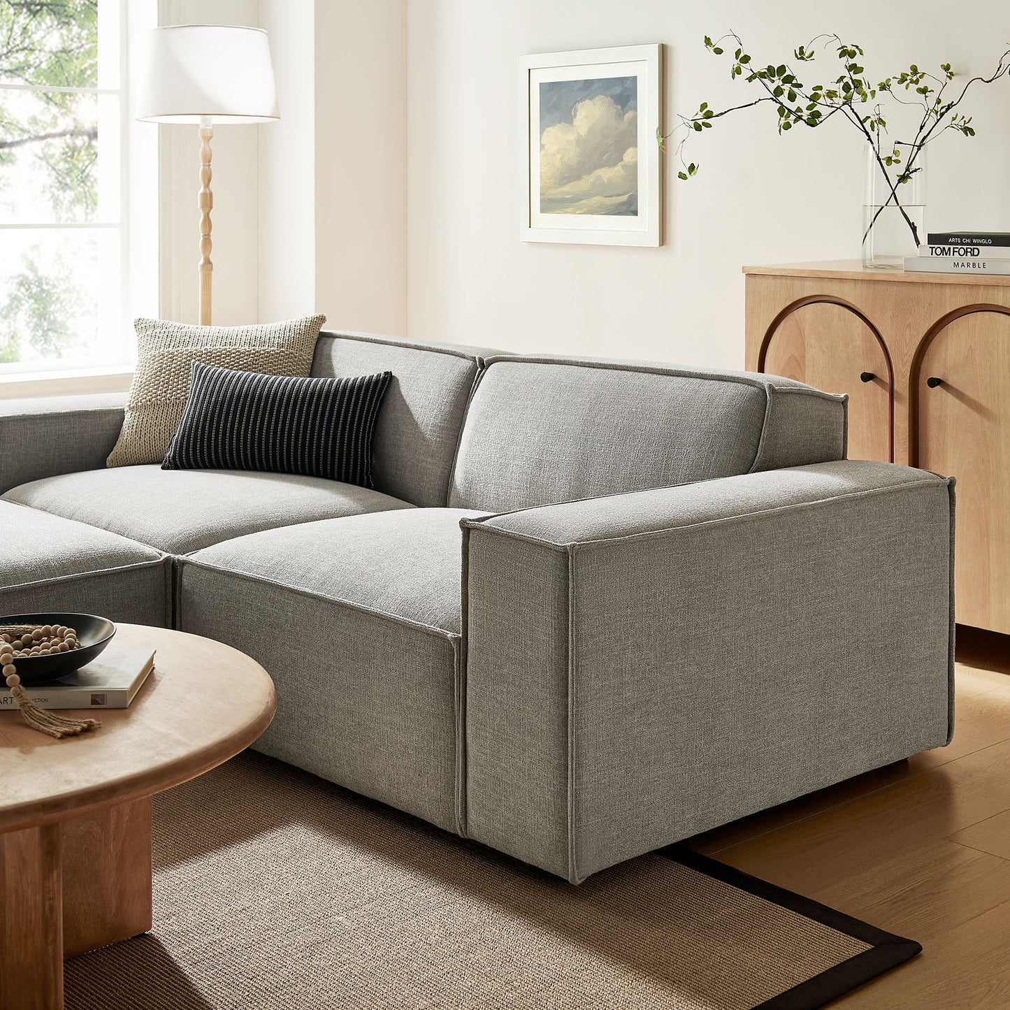 Atlas 3-Piece Performance Fabric Upholstered Modular Loveseat with Ottoman in Pewter