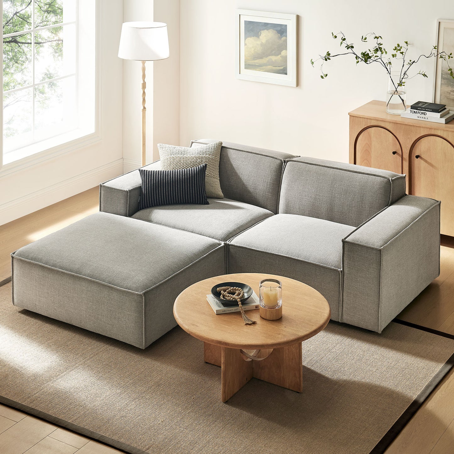Atlas 3-Piece Performance Fabric Upholstered Modular Loveseat with Ottoman in Pewter