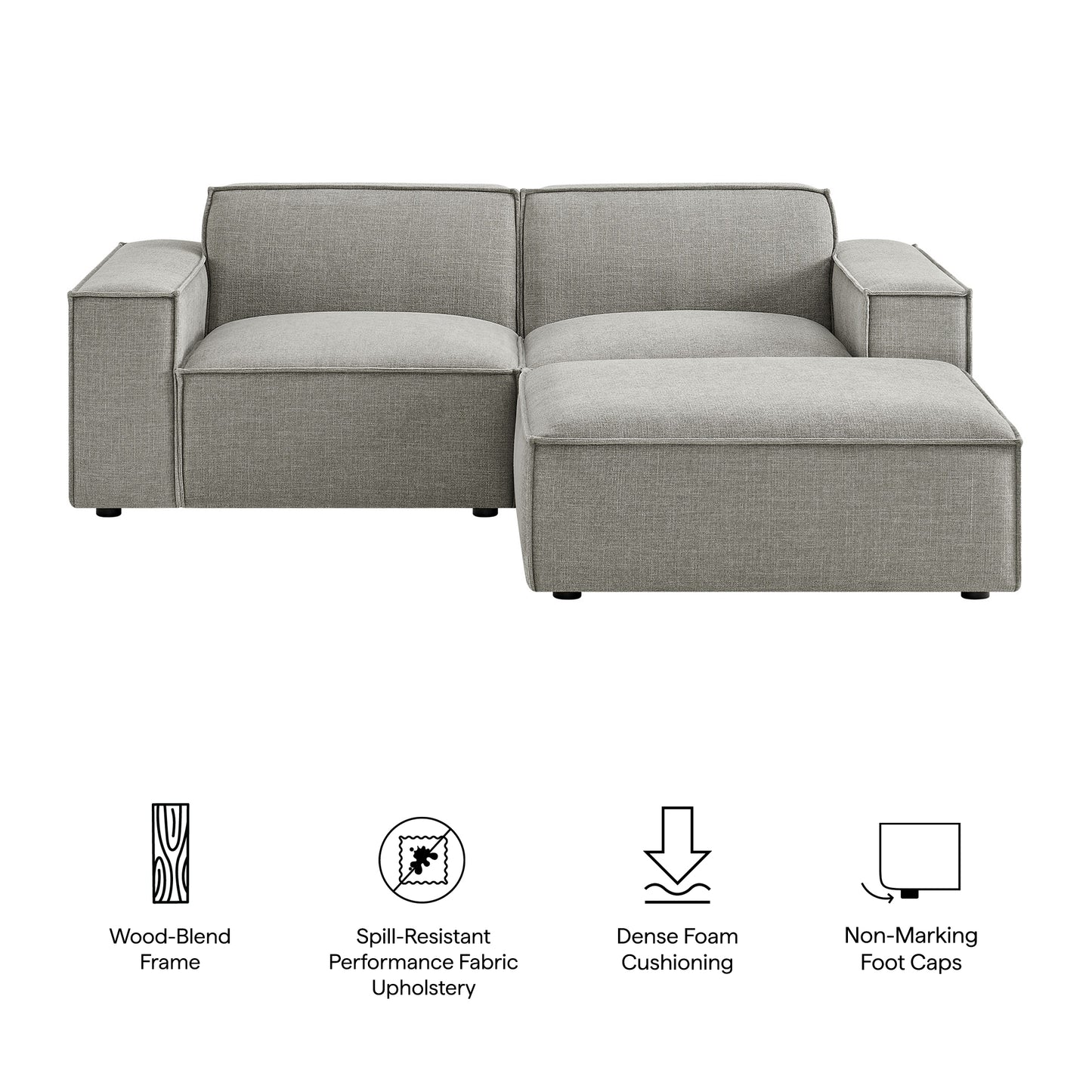 Atlas 3-Piece Performance Fabric Upholstered Modular Loveseat with Ottoman in Pewter